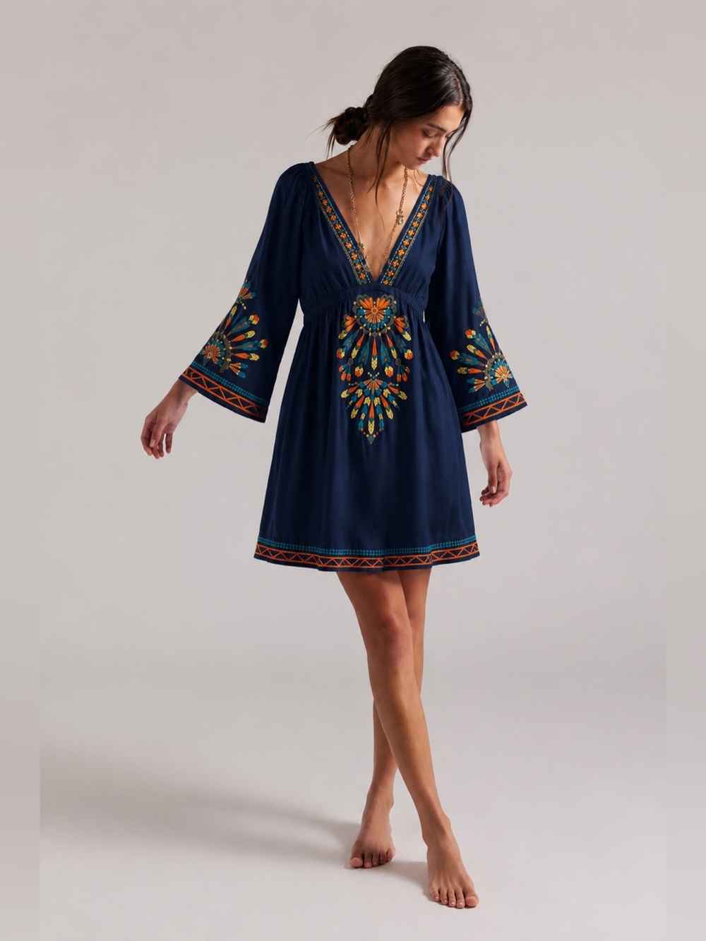 Embroidered Navy V-Neck Boho Dress with Orange & Teal Accents